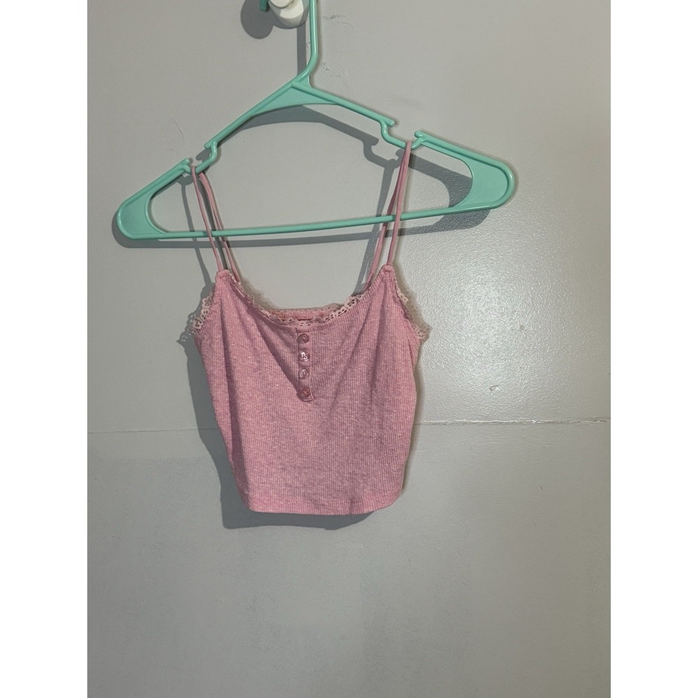 Pink Lace Trim Ribbed Baby Tank Top Tee Cropped Womens Size‎ XS